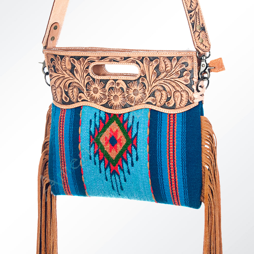ADBG496 Diamond Aztec Wool Crossbody Bag with Hand Tooled Leather & Fringe