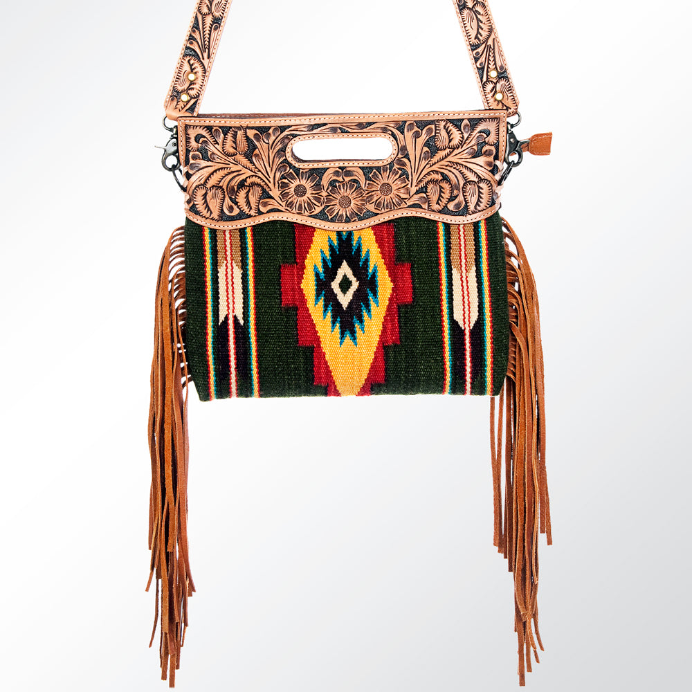 ADBG496 Diamond Aztec Wool Crossbody Bag with Hand Tooled Leather & Fringe