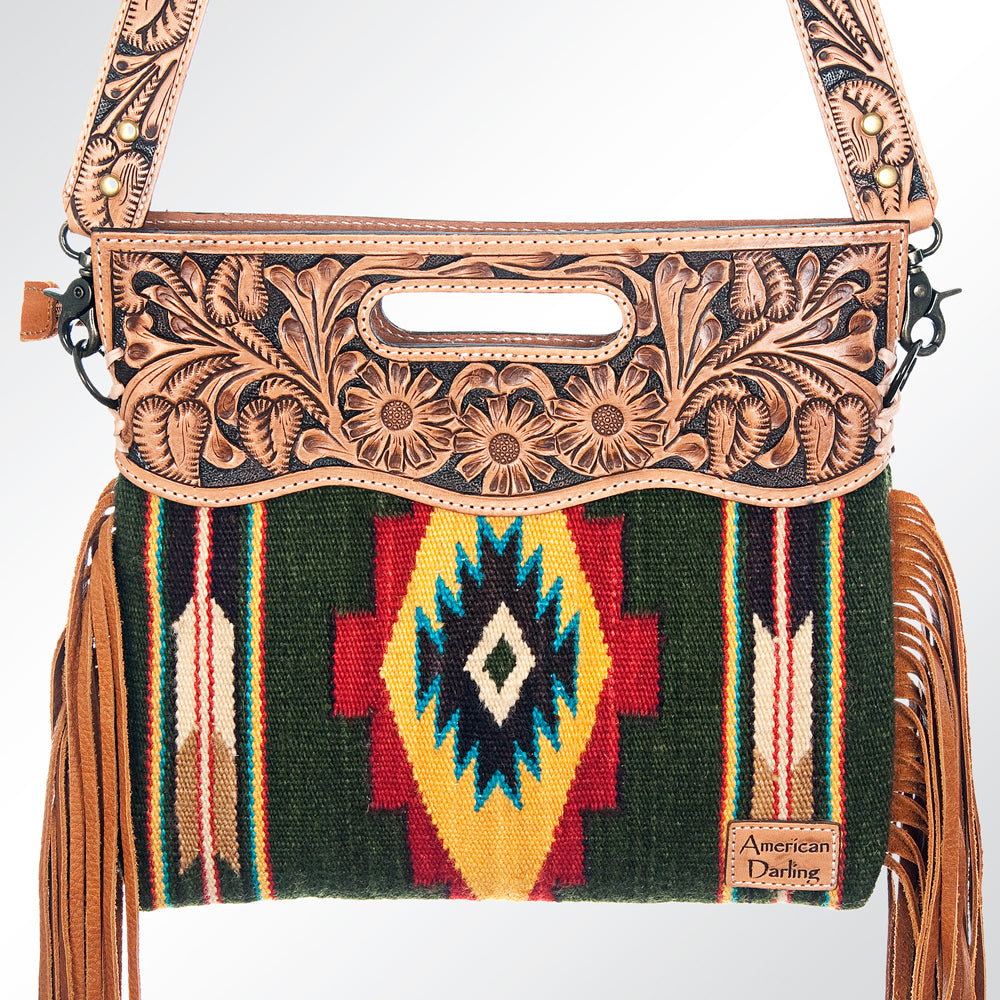 ADBG496 Diamond Aztec Wool Crossbody Bag with Hand Tooled Leather & Fringe