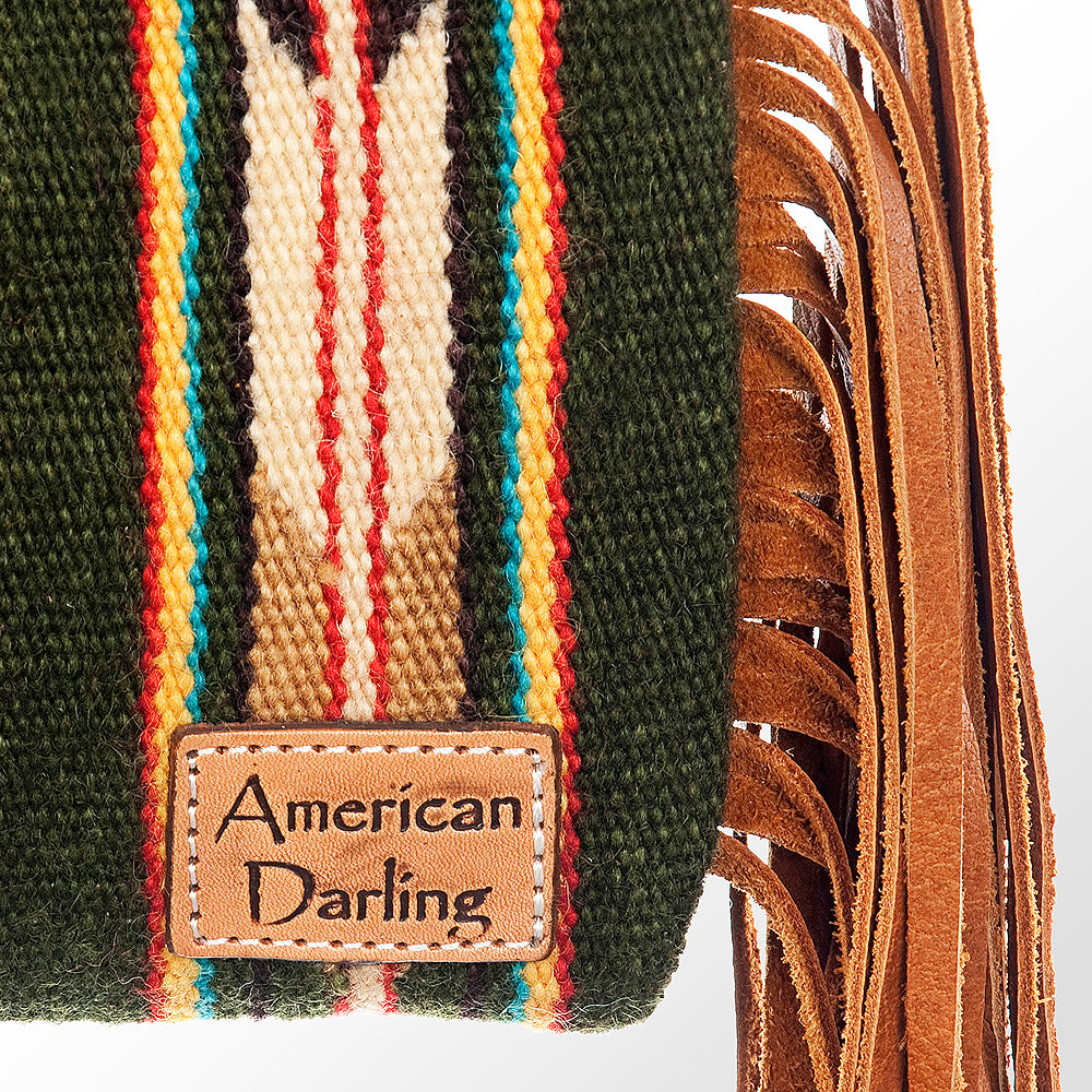 ADBG496 Diamond Aztec Wool Crossbody Bag with Hand Tooled Leather & Fringe