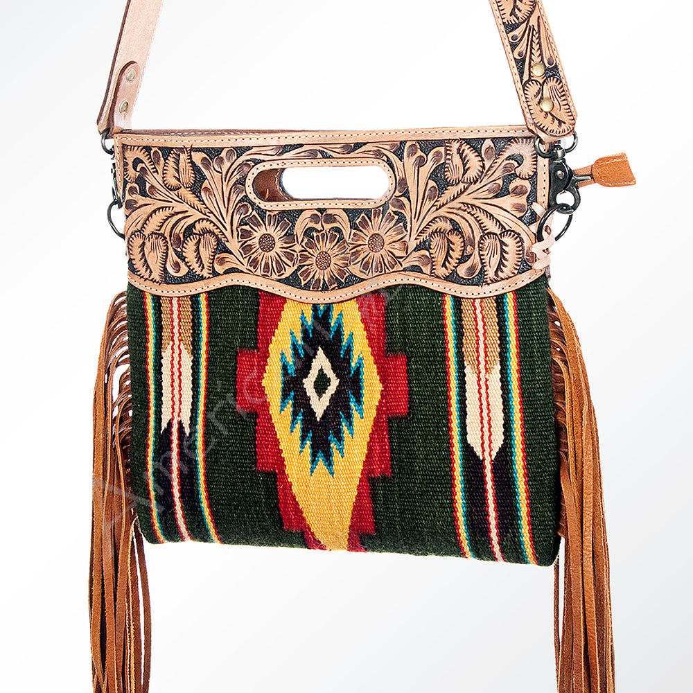 ADBG496 Diamond Aztec Wool Crossbody Bag with Hand Tooled Leather & Fringe