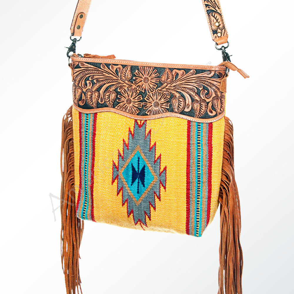 ADBG510 Tooled Leather & Saddle Blanket Crossbody Bag Jolene Western Fringe Purse by American Darling