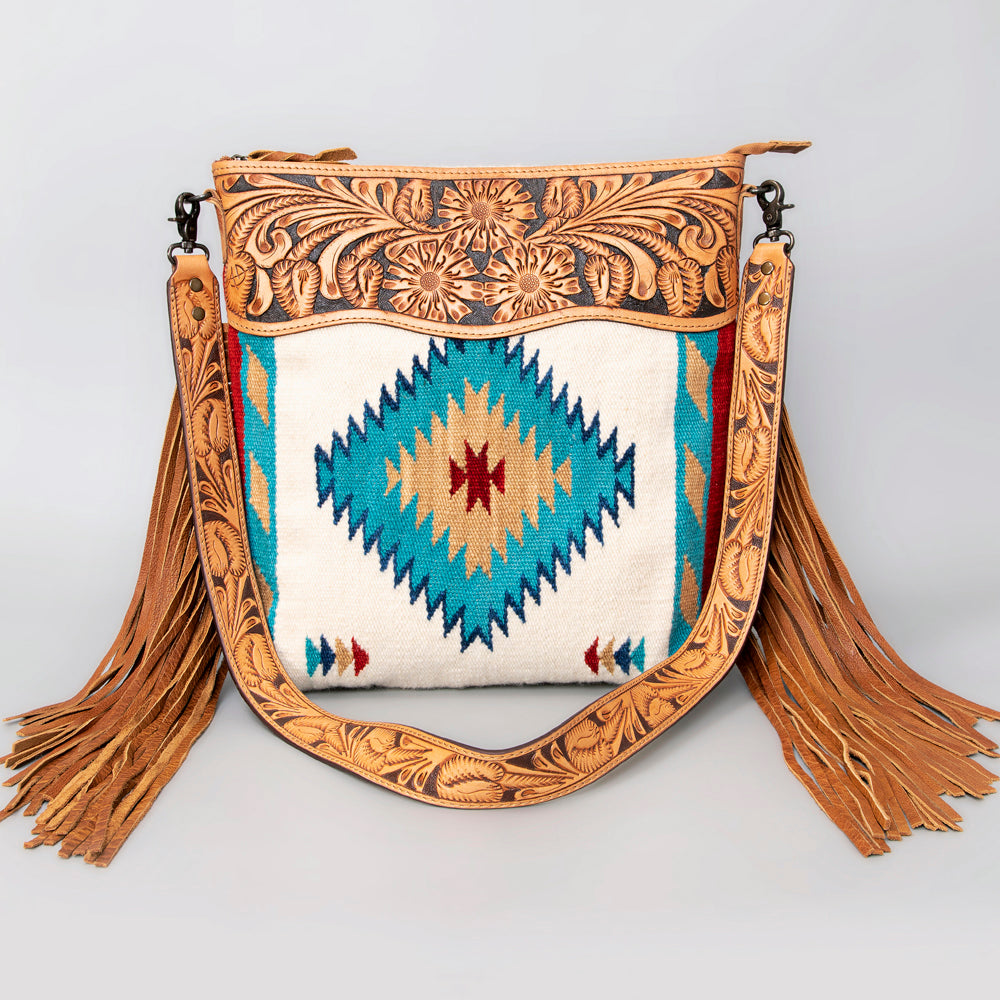 ADBG510 Tooled Leather & Saddle Blanket Crossbody Bag Western Fringe Purse - American Darling