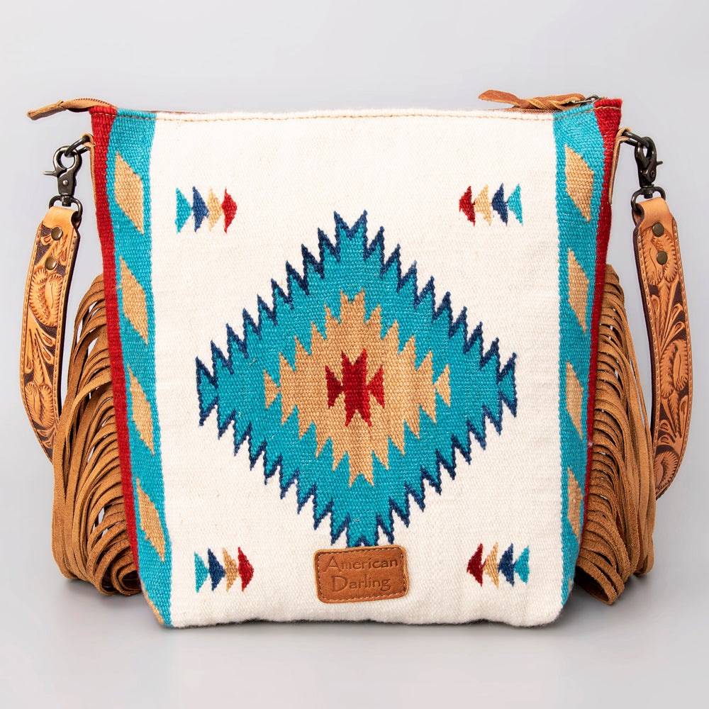 ADBG510 Tooled Leather & Saddle Blanket Crossbody Bag Western Fringe Purse - American Darling