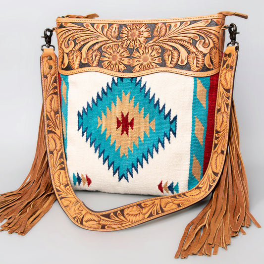 ADBG510 Tooled Leather & Saddle Blanket Crossbody Bag Western Fringe Purse - American Darling
