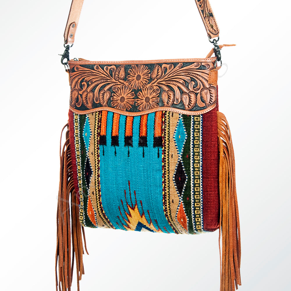 ADBG510 Tooled Leather & Saddle Blanket Crossbody Bag Western Fringe Purse - American Darling