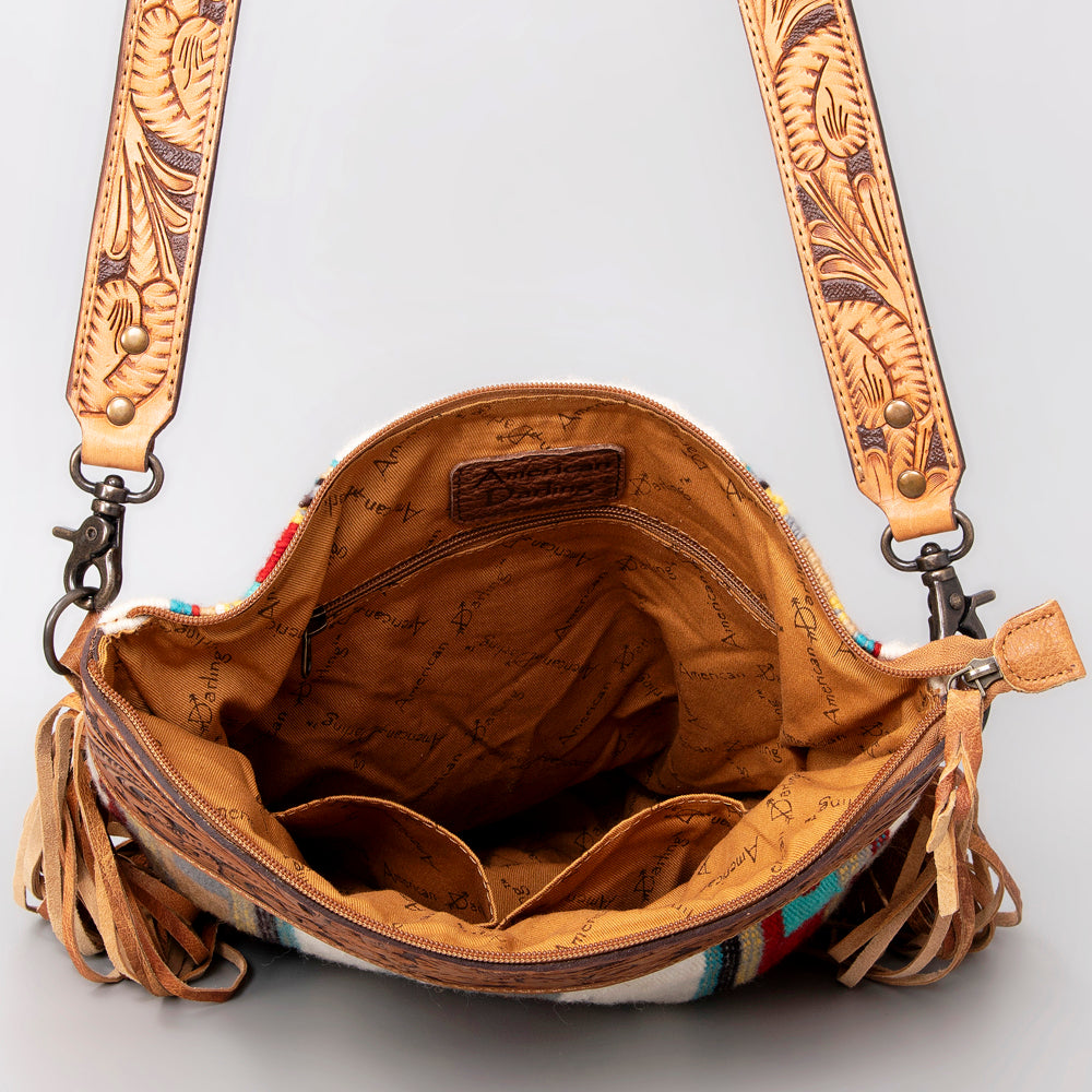 ADBG510 Tooled Leather & Saddle Blanket Crossbody Bag Western Fringe Purse - American Darling