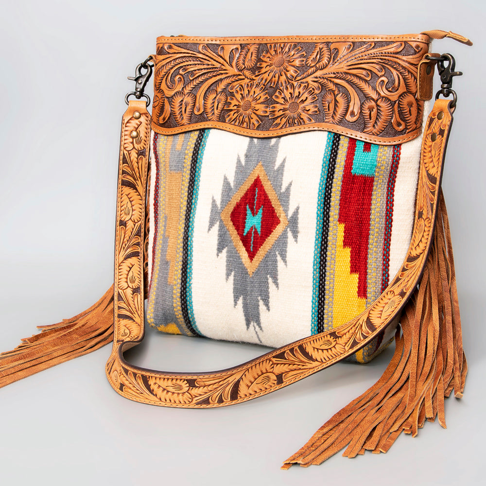ADBG510 Tooled Leather & Saddle Blanket Crossbody Bag Western Fringe Purse - American Darling