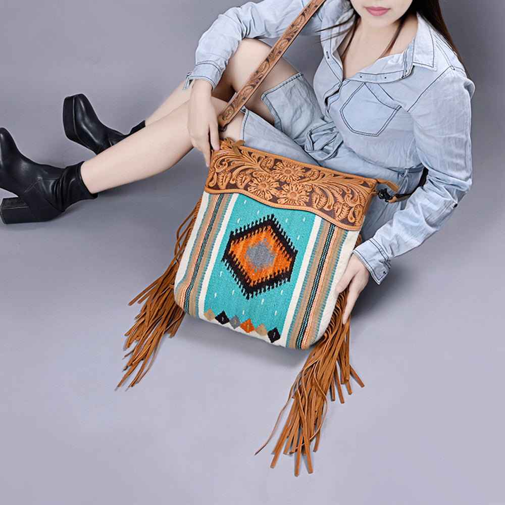 ADBG510 Tooled Leather & Saddle Blanket Crossbody Bag Western Fringe Purse - American Darling
