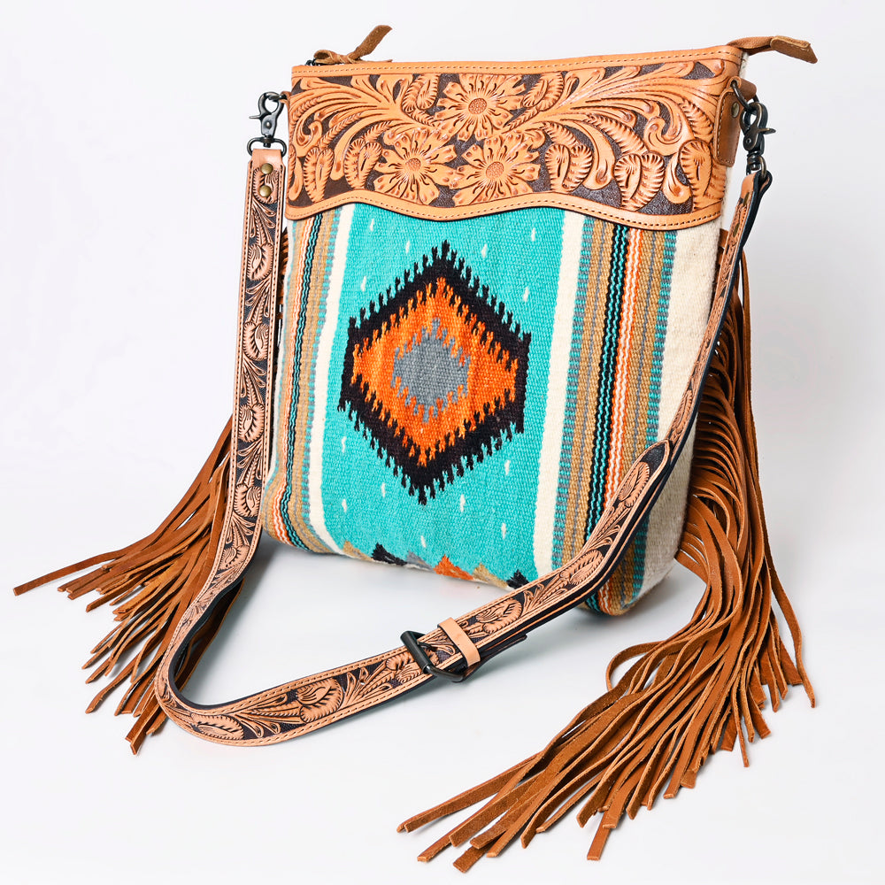 ADBG510 Tooled Leather & Saddle Blanket Crossbody Bag Western Fringe Purse - American Darling