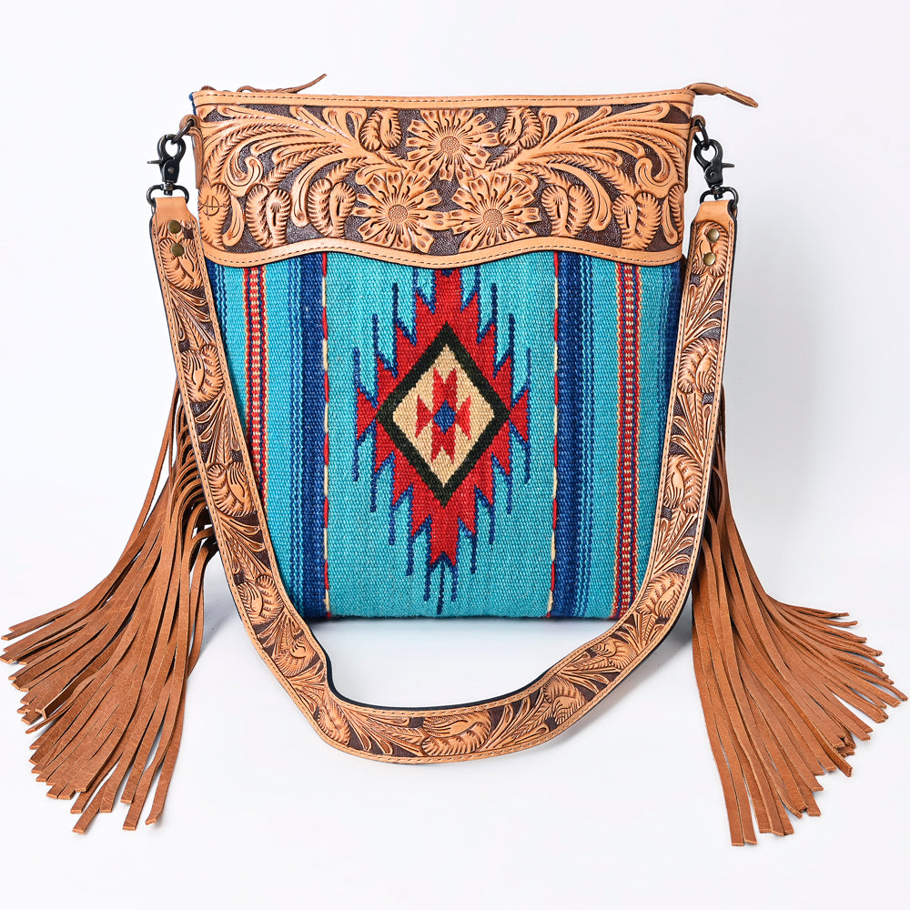 ADBG510 Tooled Leather & Saddle Blanket Crossbody Bag Western Fringe Purse - American Darling