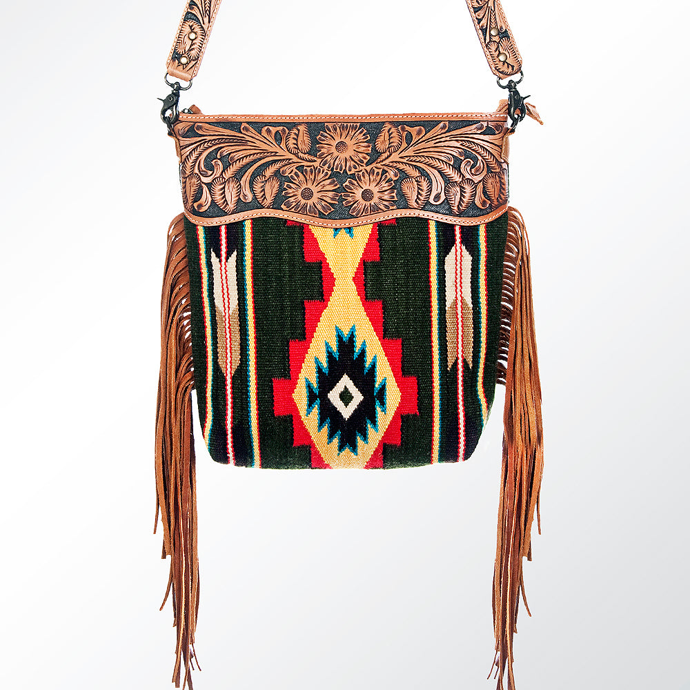 ADBG510 Tooled Leather & Saddle Blanket Crossbody Bag Western Fringe Purse - American Darling