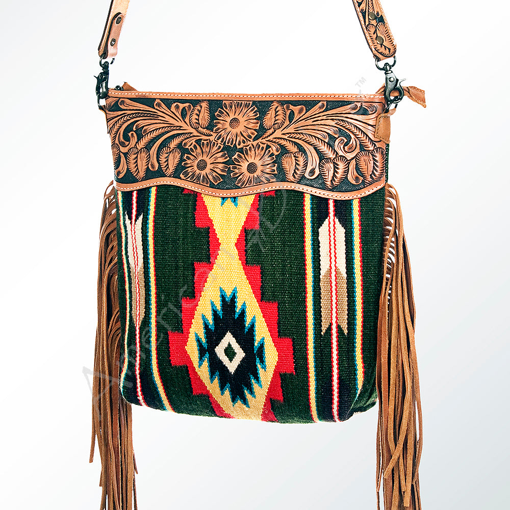 ADBG510 Tooled Leather & Saddle Blanket Crossbody Bag Western Fringe Purse - American Darling