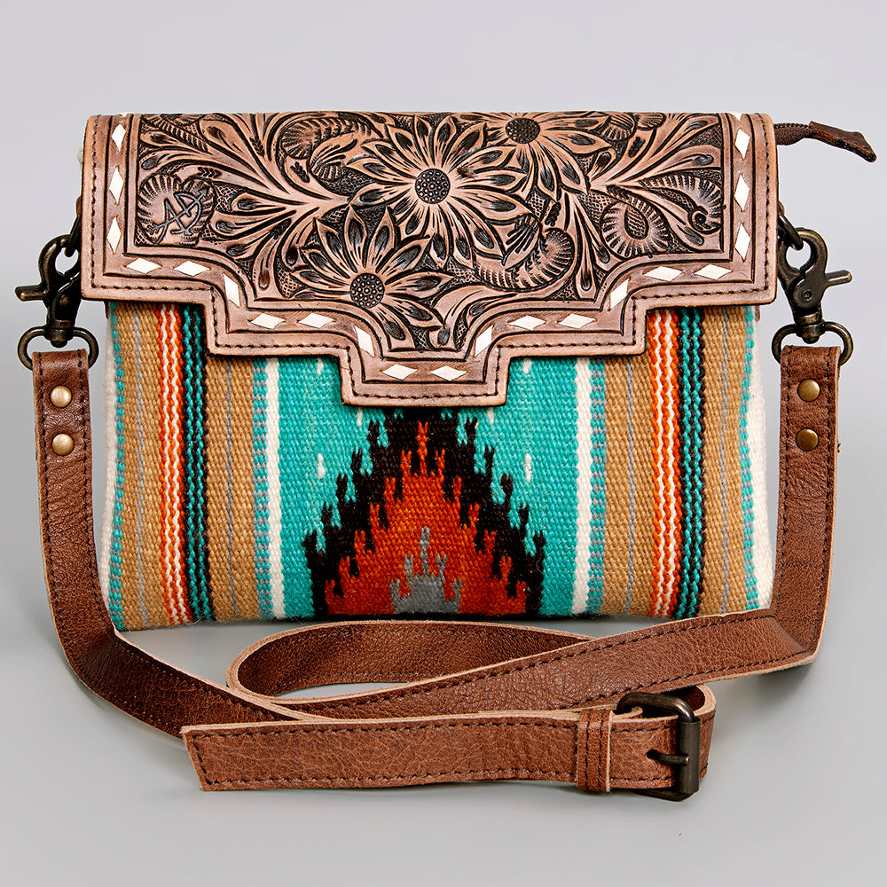 ADBG586 Tooled Leather & Saddle Blanket Crossbody Bag Western Fringe Purse by American Darling