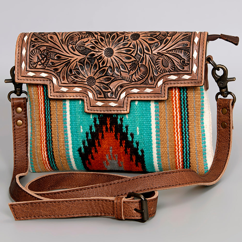 ADBG586 Tooled Leather & Saddle Blanket Crossbody Bag Western Fringe Purse by American Darling