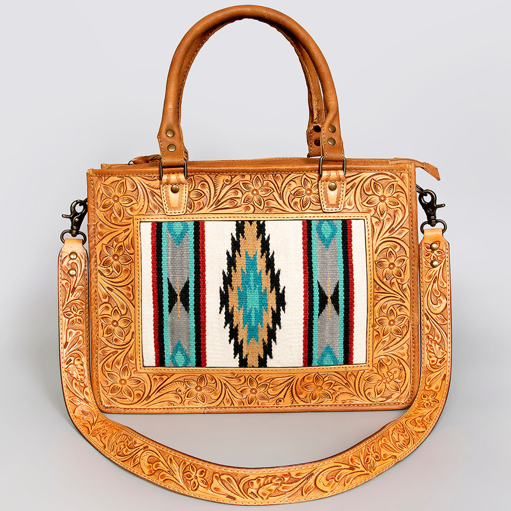 ADBG582 Tooled Leather Western Tote with Southwestern Wool Inlay Floral Carved Satchel Bag
