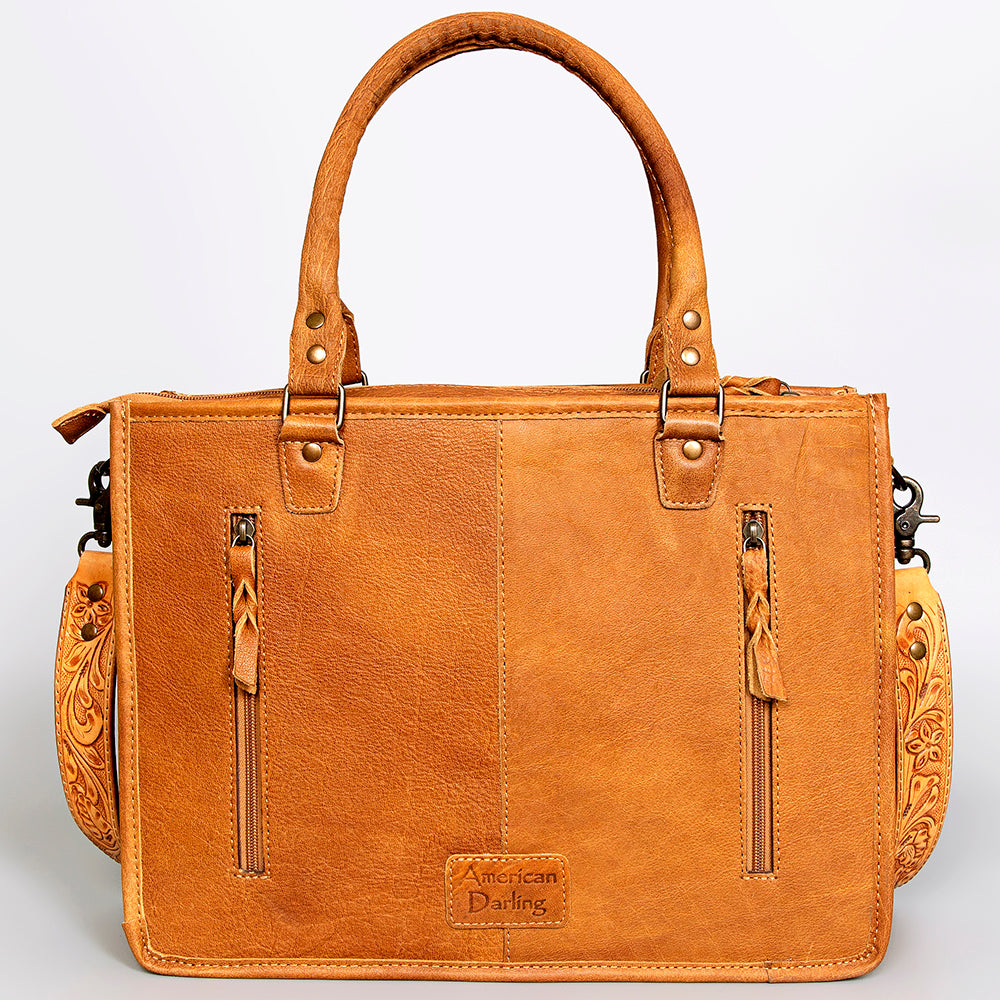 ADBG582 Tooled Leather Western Tote with Southwestern Wool Inlay Floral Carved Satchel Bag