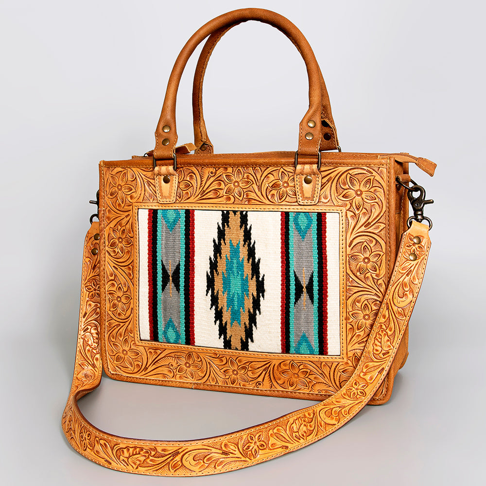 ADBG582 Tooled Leather Western Tote with Southwestern Wool Inlay Floral Carved Satchel Bag