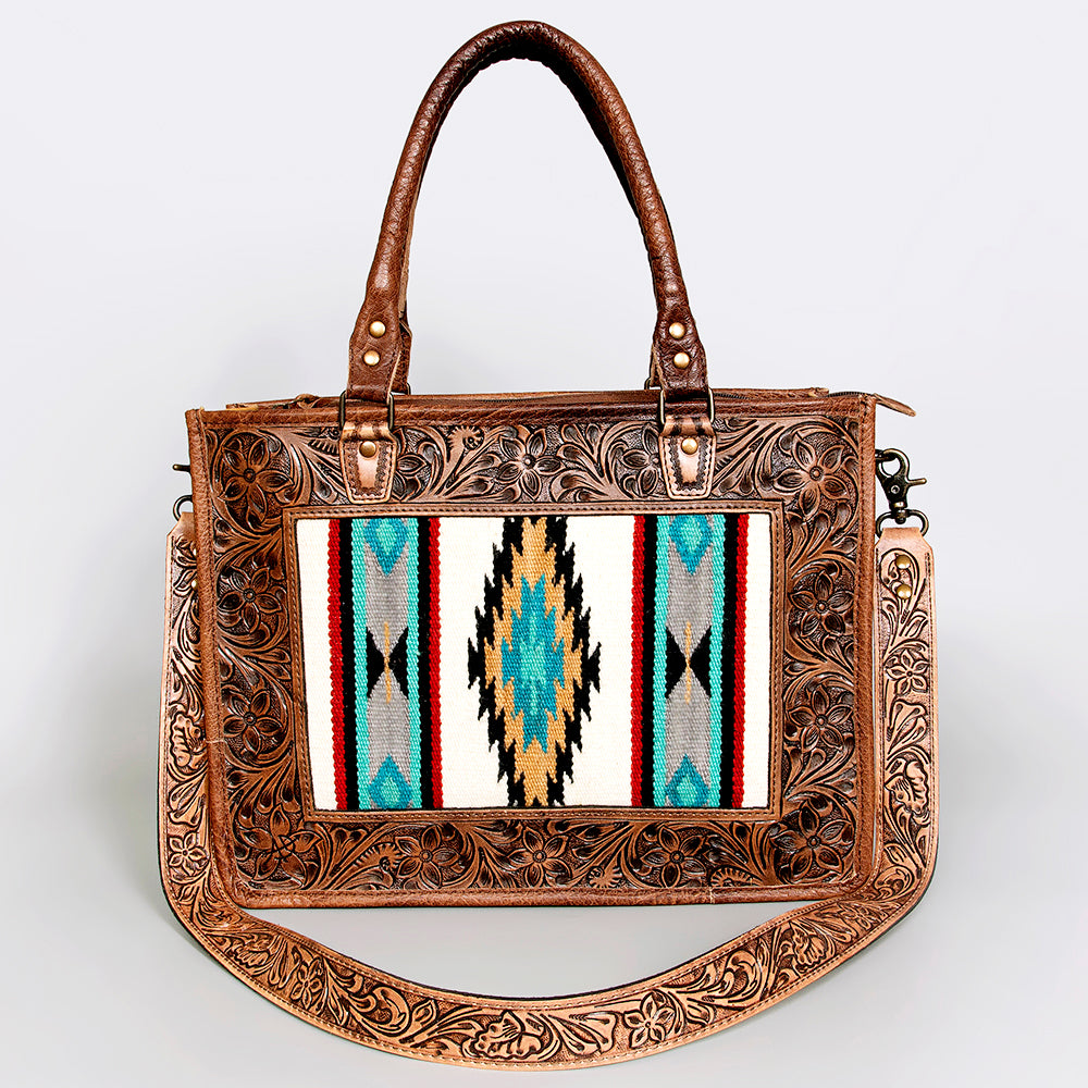 ADBG583 Hand-Tooled Leather Satchel with Southwestern Wool Inlay Brown Floral Western Tote Bag