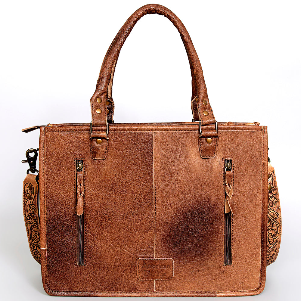 ADBG583 Hand-Tooled Leather Satchel with Southwestern Wool Inlay Brown Floral Western Tote Bag