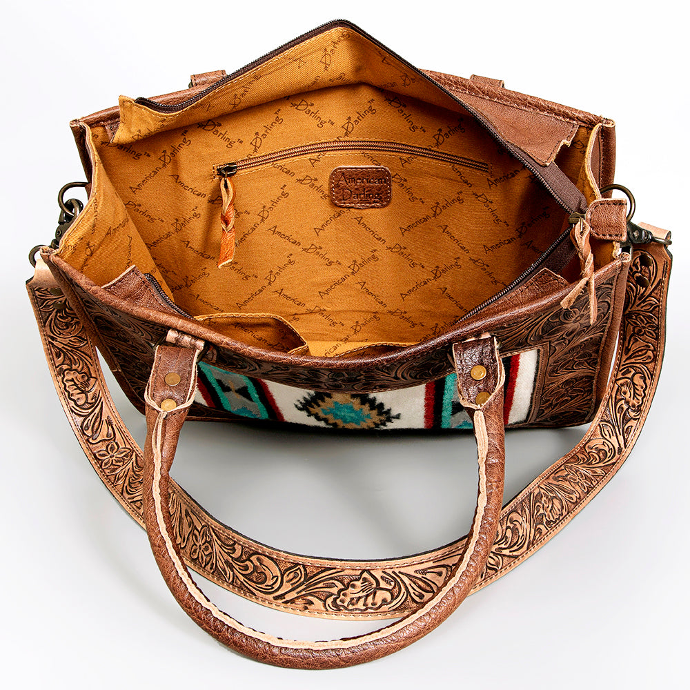 ADBG583 Hand-Tooled Leather Satchel with Southwestern Wool Inlay Brown Floral Western Tote Bag