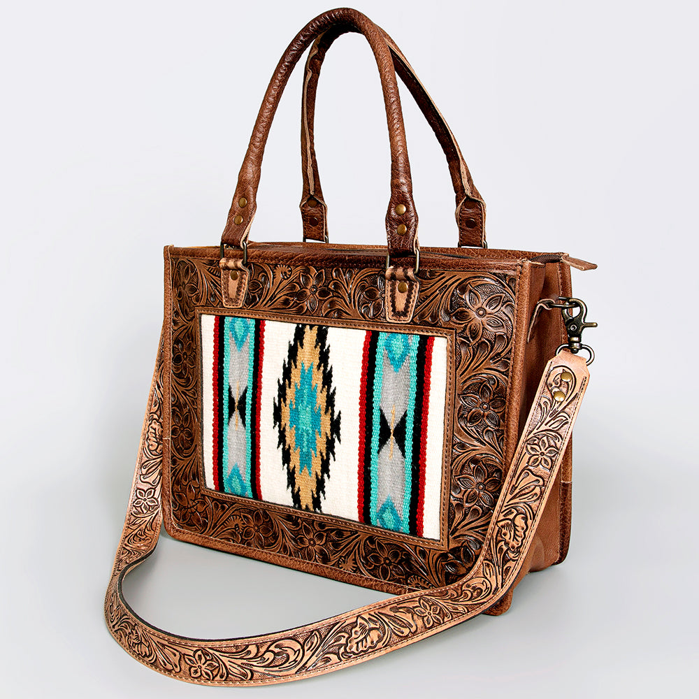 ADBG583 Hand-Tooled Leather Satchel with Southwestern Wool Inlay Brown Floral Western Tote Bag