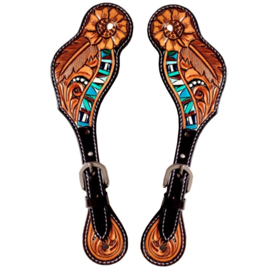 Signet Marigold Floral Hand Carved Horse Western Leather Spur Strap