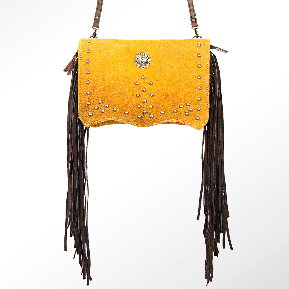 ADBG530 Cowhide Fringe Crossbody Bag with Western Studs & Concho
