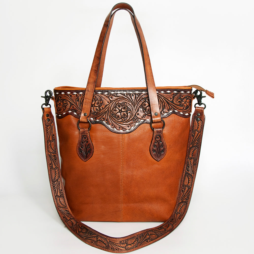 LC-ADBGZ259 Hand-Tooled Full Leather Western Tote Bag with Floral Strap - Chestnut Brown