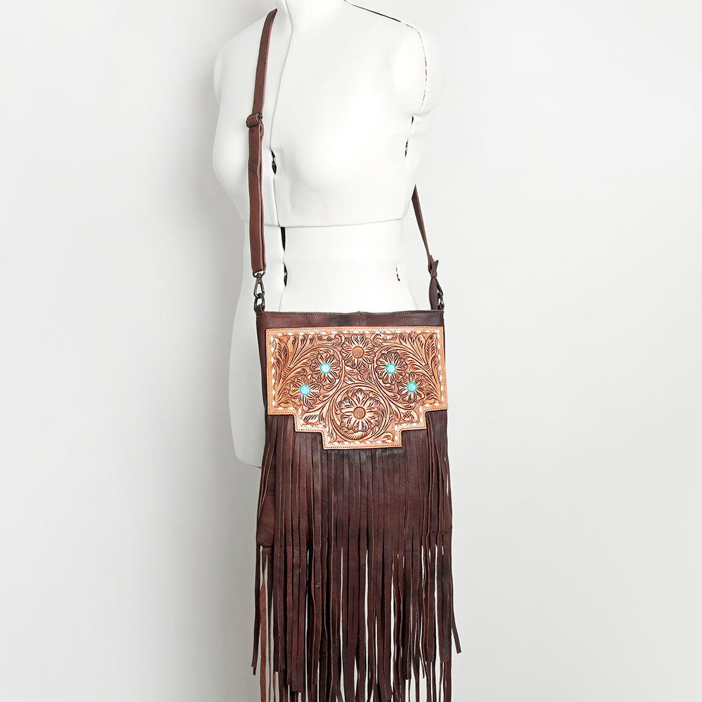 LC-ADBGZ263 Tooled Leather Fringe Messenger Bag - Western Floral with Turquoise Accents