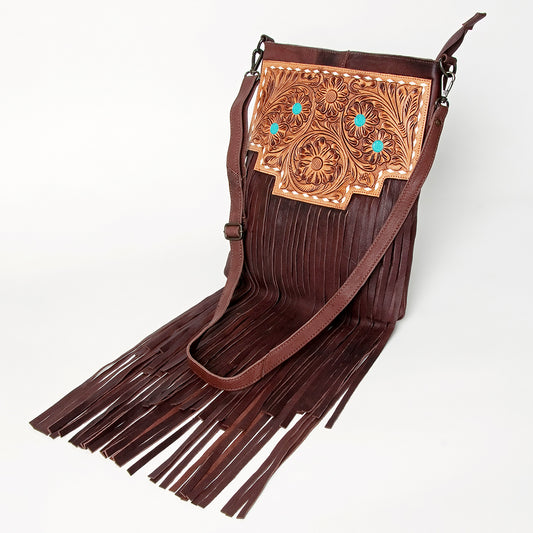 LC-ADBGZ263 Tooled Leather Fringe Messenger Bag - Western Floral with Turquoise Accents