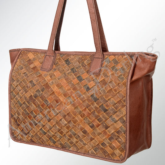 LC-ADBGI117A Woven Leather Western Tote Bag - Genuine Cowhide Patchwork Design