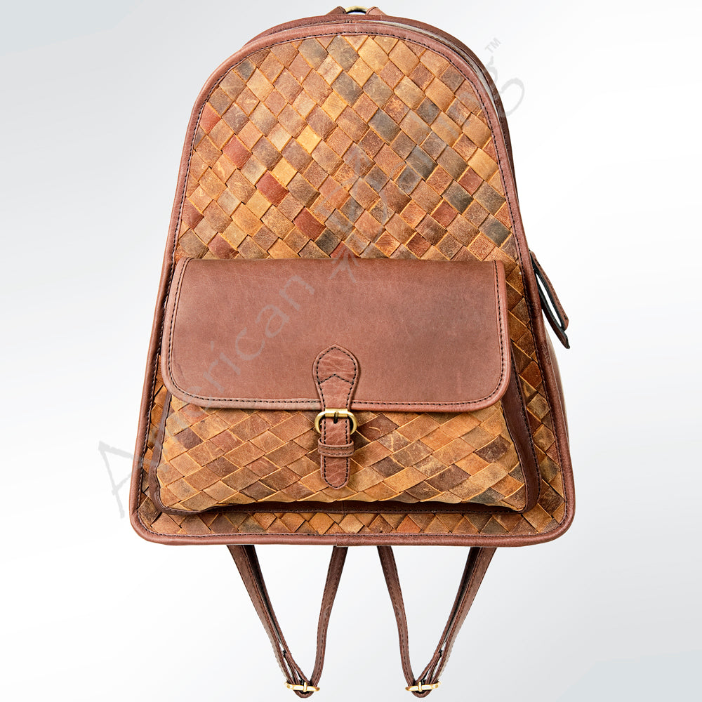 LC-ADBGI118A Jane Western Leather Backpack - Genuine Cowhide Woven Panel with Buckle Pocket