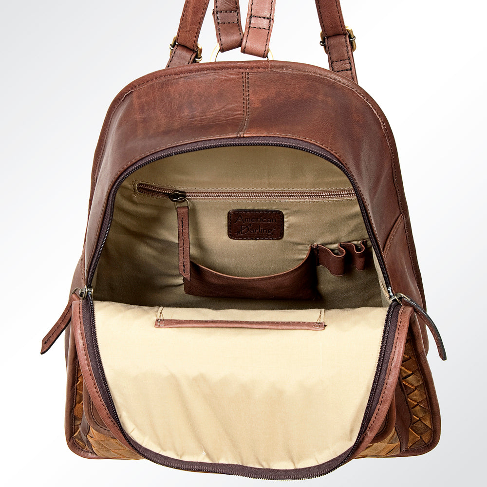 LC-ADBGI118A Jane Western Leather Backpack - Genuine Cowhide Woven Panel with Buckle Pocket