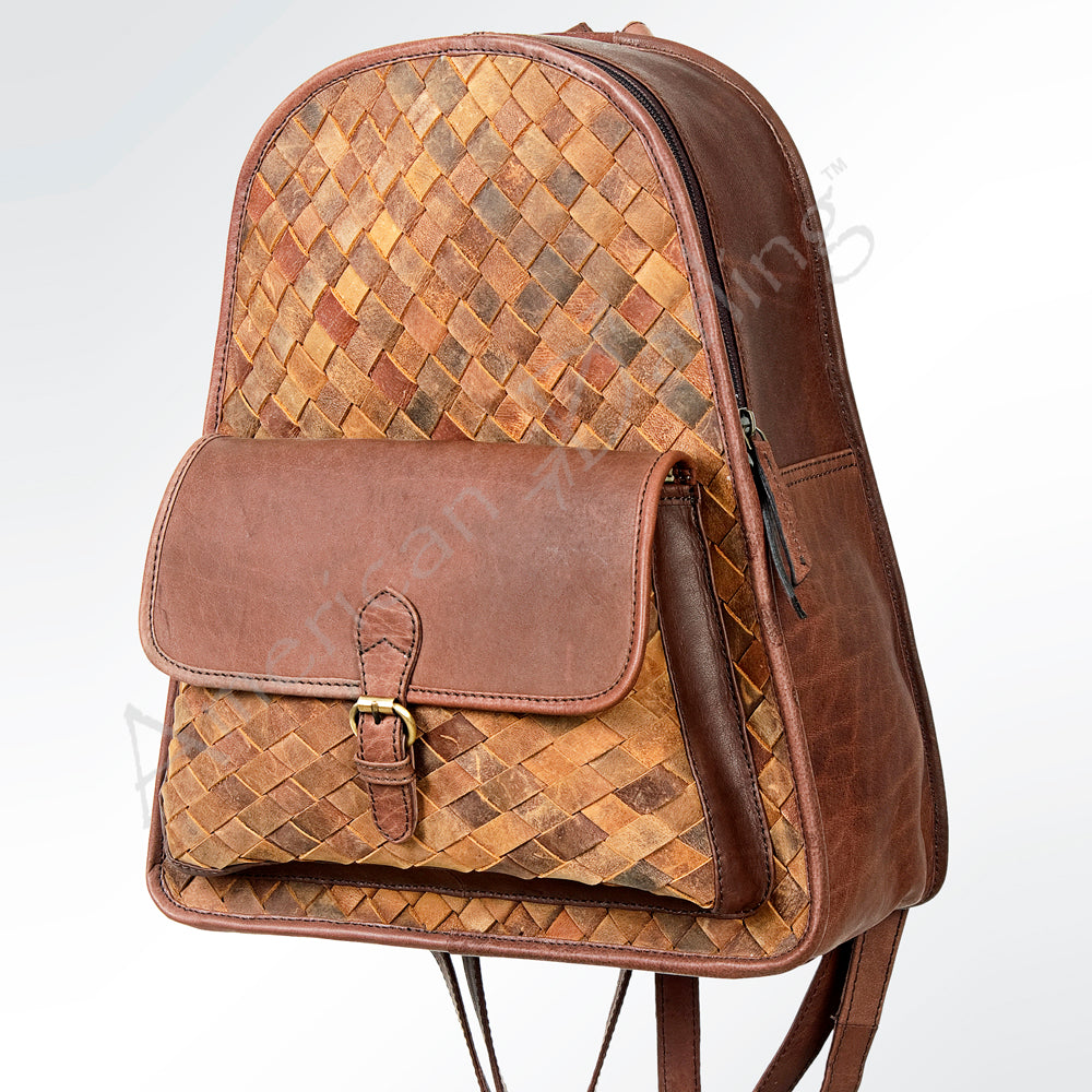 LC-ADBGI118A Jane Western Leather Backpack - Genuine Cowhide Woven Panel with Buckle Pocket