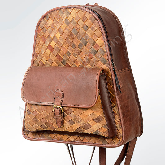 LC-ADBGI118A Jane Western Leather Backpack - Genuine Cowhide Woven Panel with Buckle Pocket