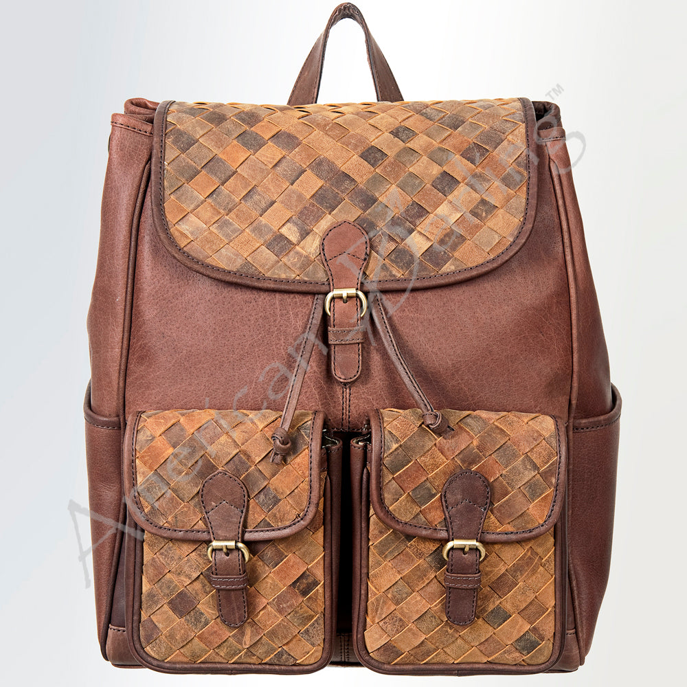 LC-ADBGI122A Woven Leather Panel Backpack - Western Drawstring Bag with Dual Front Pockets