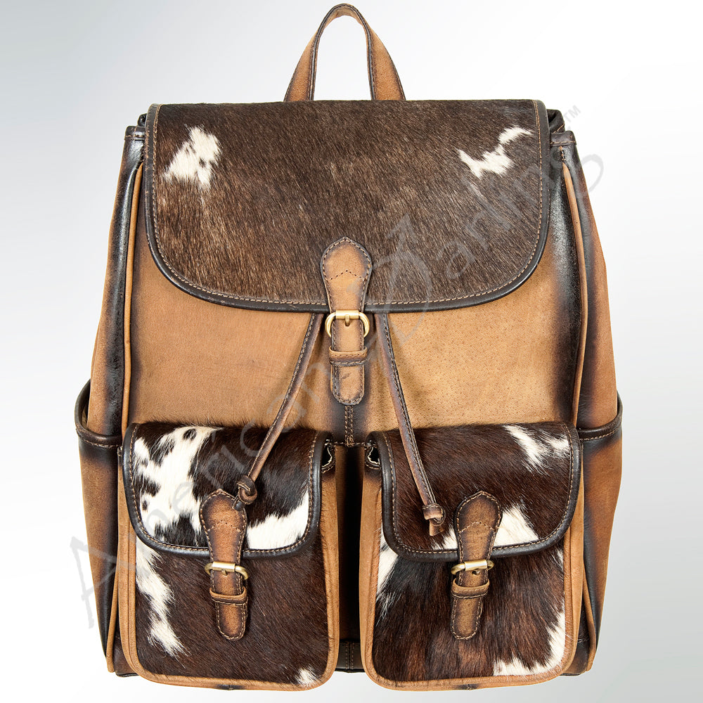 LC-ADBGI122B Hair-On Hide & Leather Western Backpack - Dual Pocket Drawstring Travel Bag