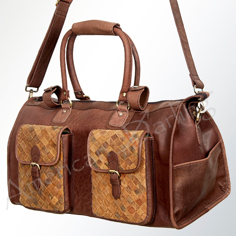 LC-ADBGI124A Woven Leather Panel Duffel Bag - Western Travel Weekender with Dual Front Pockets