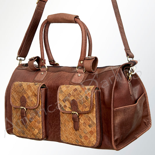 LC-ADBGI124A Woven Leather Panel Duffel Bag - Western Travel Weekender with Dual Front Pockets