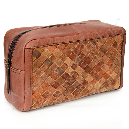 LC-ADBGI130 Woven Leather Toiletry Bag - Western Dopp Kit with Zip Closure