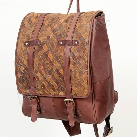 LC-ADBGI132A Woven Leather Backpack - Western Full-Grain Buckle Flap Travel Bag