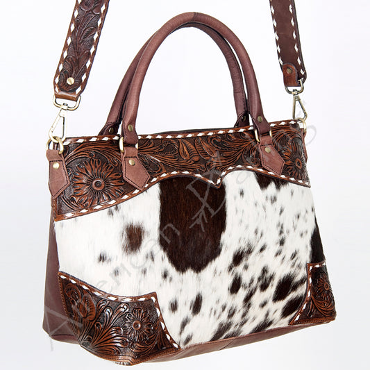 ADBGI141 Hand-Tooled Cowhide Leather Western Tote - Floral Tooled Hair-On Bag
