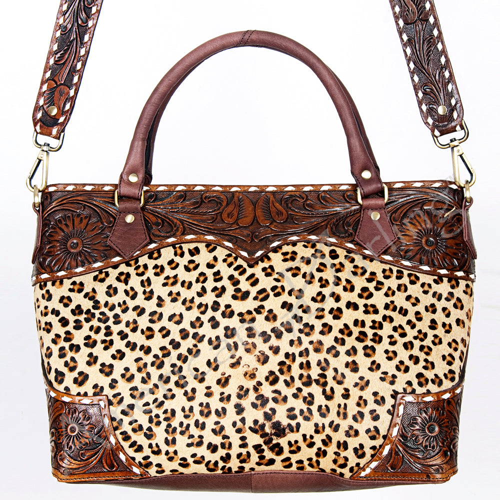 ADBGI141 Hand-Tooled Cowhide Leather Western Tote - Floral Tooled Hair-On Bag