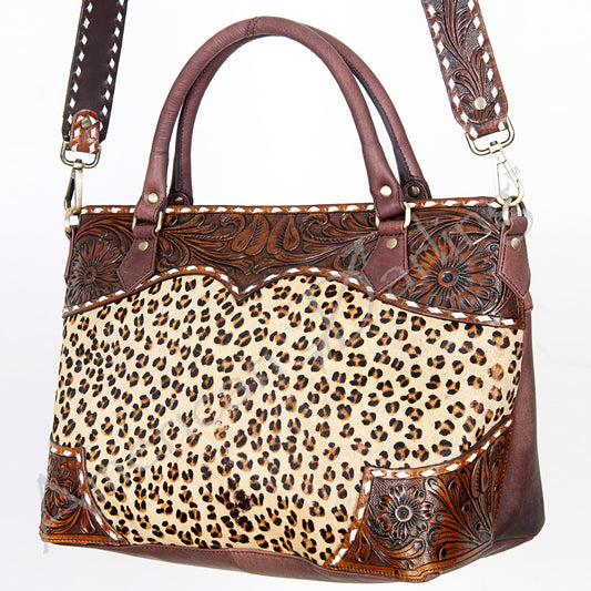ADBGI141 Hand-Tooled Cowhide Leather Western Tote - Floral Tooled Hair-On Bag