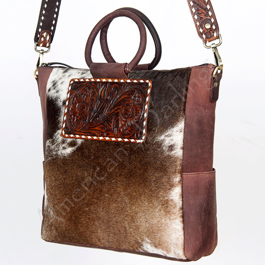 ADBGI143 Hair-On Hide Square Tote with Tooled Leather Patch - Western Cowgirl Bag