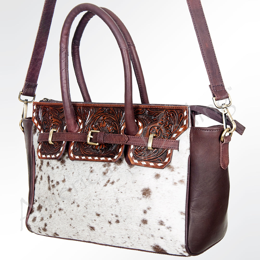 ADBGI151 Studded Hair-On Hide Tooled Leather Satchel - Western Cowgirl Handbag
