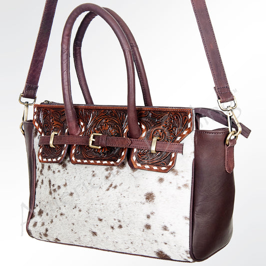 ADBGI151 Studded Hair-On Hide Tooled Leather Satchel - Western Cowgirl Handbag