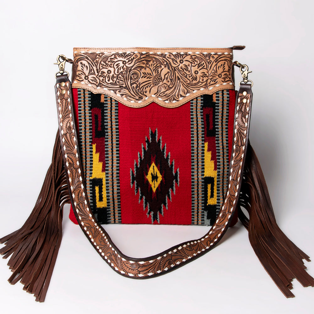 LC-ADBGA118 Red Southwestern Wool Crossbody with Tooled Leather Yoke & Fringe Western Artisan Shoulder Bag