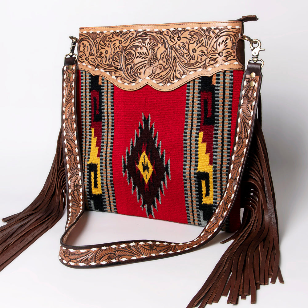 LC-ADBGA118 Red Southwestern Wool Crossbody with Tooled Leather Yoke & Fringe Western Artisan Shoulder Bag